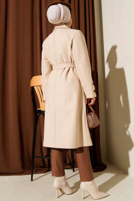 Kol Düğmeli Kuşaklı Kaşe Kaban Bej - Kaban