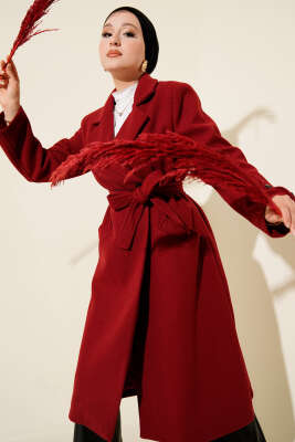 Kol Düğmeli Kuşaklı Kaşe Kaban Bordo - BERAT TEKSTİL