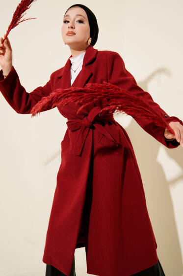 Kol Düğmeli Kuşaklı Kaşe Kaban Bordo - Kaban