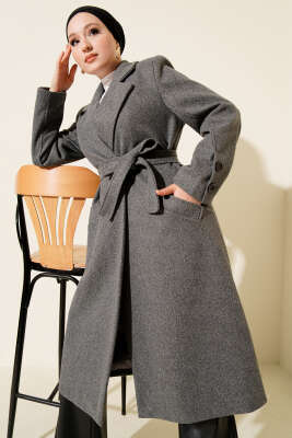 Kol Düğmeli Kuşaklı Kaşe Kaban Füme - Kaban