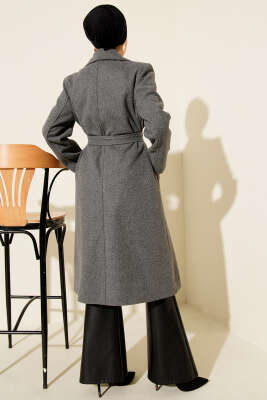 Kol Düğmeli Kuşaklı Kaşe Kaban Füme - Kaban