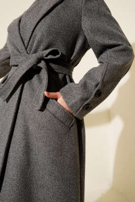 Kol Düğmeli Kuşaklı Kaşe Kaban Füme - Kaban