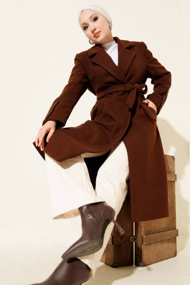 Kol Düğmeli Kuşaklı Kaşe Kaban Kahve - Kaban