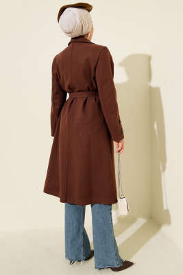 Kol Düğmeli Kuşaklı Kaşe Kaban Kestane - Kaban