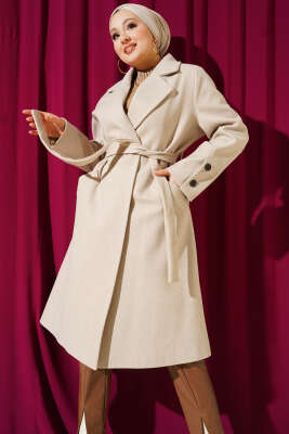 Kol Düğmeli Kuşaklı Kaşe Kaban Kum Bej 