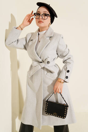 Kol Düğmeli Kuşaklı Kaşe Kaban Melanj Gri - Kaban