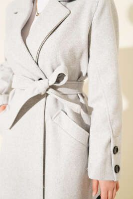 Kol Düğmeli Kuşaklı Kaşe Kaban Melanj Gri - Kaban