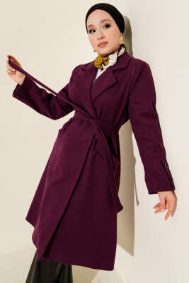 Kol Düğmeli Kuşaklı Kaşe Kaban Mor - BERAT TEKSTİL