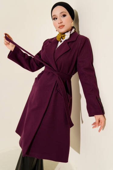 Kol Düğmeli Kuşaklı Kaşe Kaban Mor - Kaban