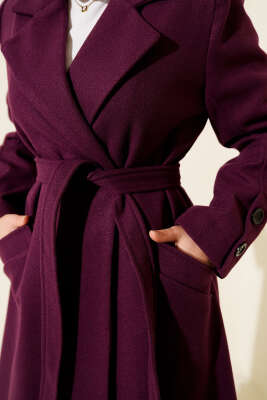 Kol Düğmeli Kuşaklı Kaşe Kaban Mor - Kaban