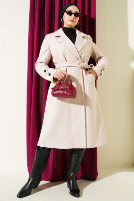 Kol Düğmeli Kuşaklı Kaşe Kaban Pudra 