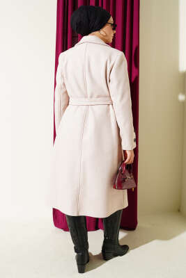 Kol Düğmeli Kuşaklı Kaşe Kaban Pudra - Kaban