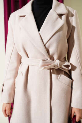 Kol Düğmeli Kuşaklı Kaşe Kaban Pudra - Kaban