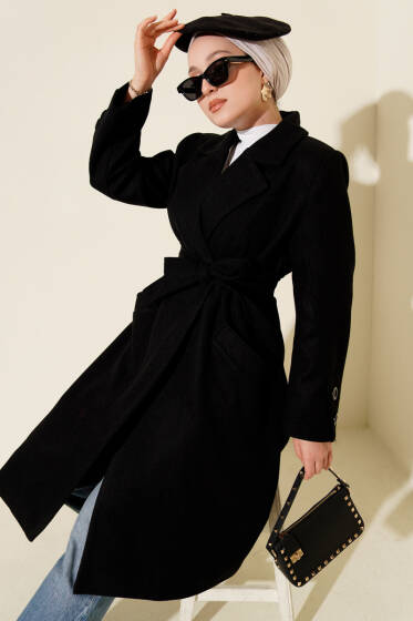 Kol Düğmeli Kuşaklı Kaşe Kaban Siyah - Kaban