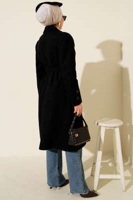 Kol Düğmeli Kuşaklı Kaşe Kaban Siyah - Kaban