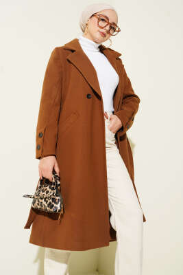 Kol Düğmeli Kuşaklı Kaşe Kaban Taba - Kaban