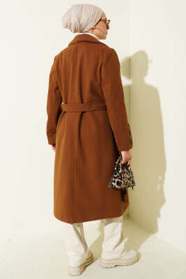 Kol Düğmeli Kuşaklı Kaşe Kaban Taba - Kaban