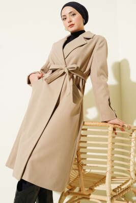 Kol Düğmeli Kuşaklı Kaşe Kaban Vizon - Kaban