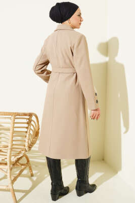 Kol Düğmeli Kuşaklı Kaşe Kaban Vizon - Kaban