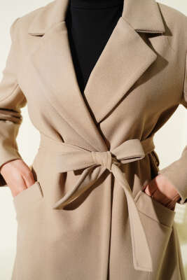 Kol Düğmeli Kuşaklı Kaşe Kaban Vizon - Kaban