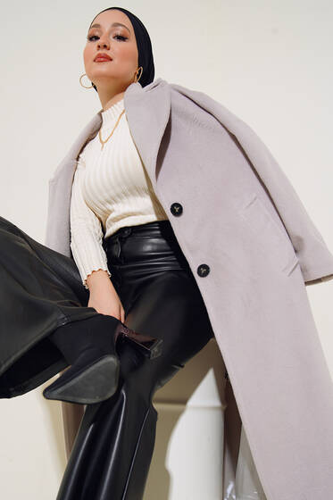 Kol Düğmeli Oversize Uzun Kaşe Kaban Bej - Kaban