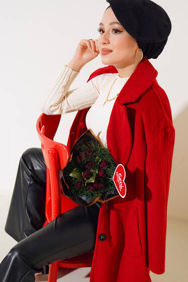 Kol Düğmeli Oversize Uzun Kaşe Kaban Kırmızı - Kaban