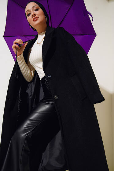 Kol Düğmeli Oversize Uzun Kaşe Kaban Siyah - Kaban