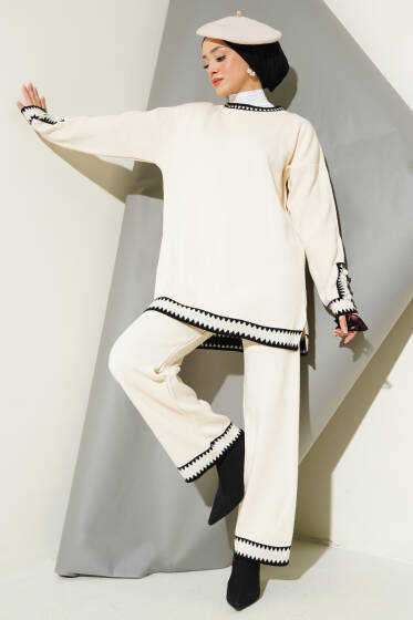 Kol Düğmeli Triko İkili Takım Bej - İkili Takım