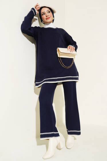 Kol Düğmeli Triko İkili Takım Lacivert - İkili Takım