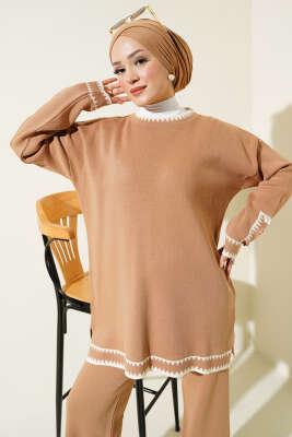 Kol Düğmeli Triko İkili Takım Latte - Triko İkili Takım