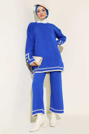 Kol Düğmeli Triko İkili Takım Saks - İKİLİ TAKIM