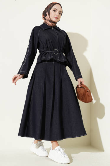 Kol Fermuarlı Etekli Kot İkili Takım Lacivert - İkili Takım