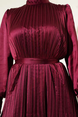 Kol Fermuarlı Piliseli Abiye Elbise Bordo - Tesettür Elbise