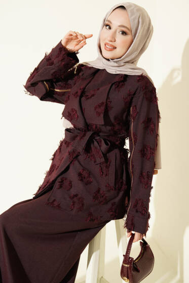 Kol Fermuarlı Püskül Elbiseli İkili Takım Elbise Bordo - İkili Takım