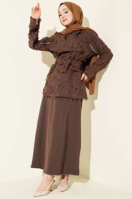 Kol Fermuarlı Püskül Elbiseli İkili Takım Elbise Kahve - ZAMANE (QSS)