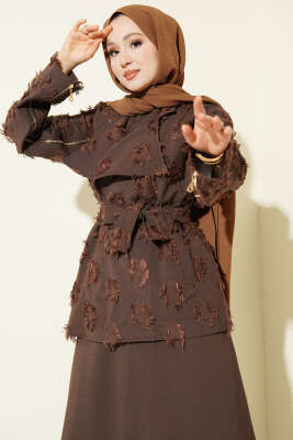 Kol Fermuarlı Püskül Elbiseli İkili Takım Elbise Kahve - İkili Takım