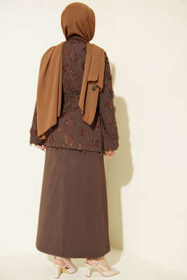 Kol Fermuarlı Püskül Elbiseli İkili Takım Elbise Kahve - İkili Takım