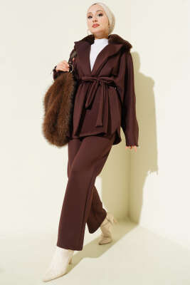 Kol Fermuarlı Yaka Kürklü Scuba İkili Takım Kahve - SAS