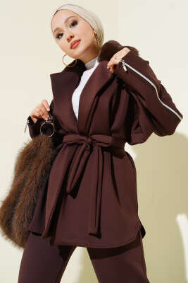 Kol Fermuarlı Yaka Kürklü Scuba İkili Takım Kahve - İkili Takım