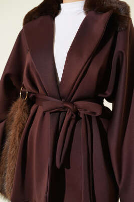 Kol Fermuarlı Yaka Kürklü Scuba İkili Takım Kahve - İkili Takım