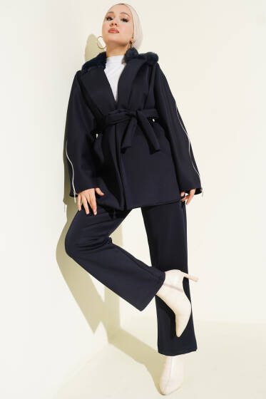 Kol Fermuarlı Yaka Kürklü Scuba İkili Takım Lacivert - İkili Takım