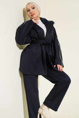 Kol Fermuarlı Yaka Kürklü Scuba İkili Takım Lacivert - İkili Takım