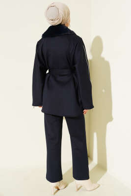 Kol Fermuarlı Yaka Kürklü Scuba İkili Takım Lacivert - İkili Takım