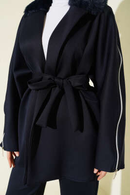 Kol Fermuarlı Yaka Kürklü Scuba İkili Takım Lacivert - İkili Takım