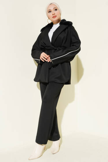 Kol Fermuarlı Yaka Kürklü Scuba İkili Takım Siyah - İkili Takım