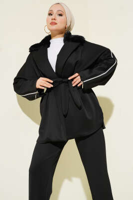 Kol Fermuarlı Yaka Kürklü Scuba İkili Takım Siyah - İkili Takım