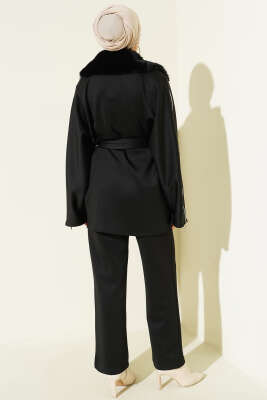 Kol Fermuarlı Yaka Kürklü Scuba İkili Takım Siyah - İkili Takım