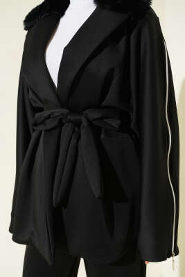 Kol Fermuarlı Yaka Kürklü Scuba İkili Takım Siyah - İkili Takım