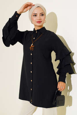 Kol Fırfırlı Gömlek Siyah - TABLO FASHİON