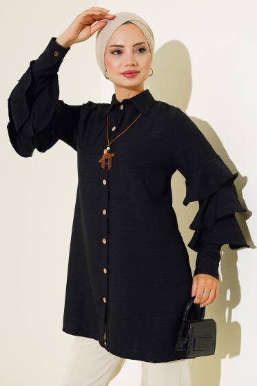 Kol Fırfırlı Gömlek Siyah - Gömlek